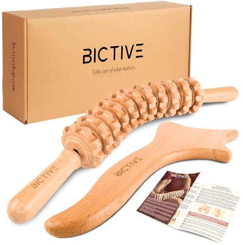 BICTIVE® Massage Roller and Lymphatic Drainage Massager. Wood Therapy Massage Tools for Body Massage, Legs and Cellulite. Fascia Blaster, Wooden Massage Roller Stick, Body Gua Sha. Anti Cellulite.