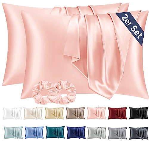 Vielit 2er Set Satin Kissenbezug 50x70 Rosa, Weich wie Seidenkissenbezug,Bessere Pflege als Silk Pillosecase,Satin Kopfkissenbezug 50x70 Kissenhülle für Haar und Haut mit 2 Haargummis
