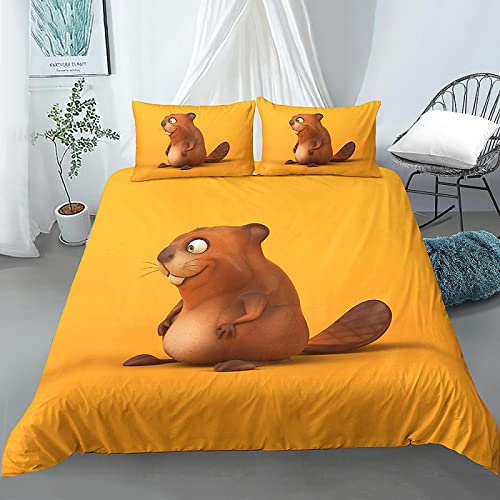 NDXRWDZR Single Bedding Set Yellow Beaver Duvet Cover for Kids Soft Breathable Hypoallergenic Microfiber Duvet Cover with Zipper Closure, 1 Duvet Cover 135x200 cm + 2 Pillowcases 50x75 cm