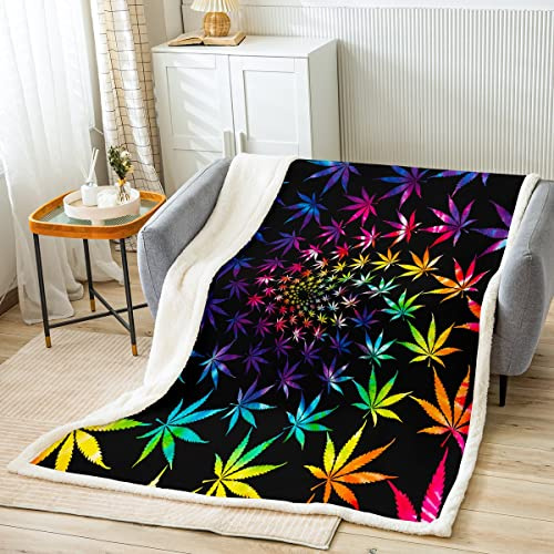 Colorful Leaves Bed Blanket Marijuana Weed Throw Blanket Lightweight Soft Cozy Luxury Rainbow Gradient Fleece Blanket Hippie Flannel Blanket for Sofa Bedroom Office Travel All Season(Twin 60x80)
