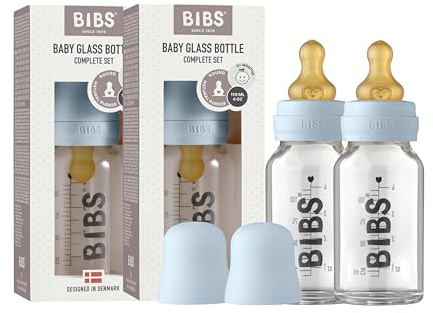 BIBS Baby Glass Bottle 2-Pack 110ml. Anti-Colic. Vented Round Natural Rubber Latex Teat. Supports Natural Breastfeeding, Complete Set - 110 ml (Pack of 2), Baby Blue