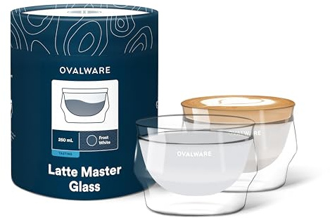 ovalware 8.5oz Double Wall Latte Cups, Latte Set of 2 - Latte Glasses for Cold & Hot Drink, Palm-Sized Cups with Wide Rim for Artistic Designs - Frost White