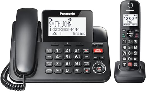Panasonic Corded/Cordless Phone with Advanced Call Block, 2-Way Recording and Digital Answering Machine, 1 Handset Expandable up to 6 Cordless Handsets - KX-TGF850B (Black)