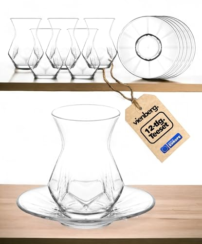 vienberg 12tlg. Teeset aus hochwertigem Glas | 6 x Teegläser, 6x Untassen | Türkische Teegläser Teeglas Glühwein Kaffee spülmaschinenfest, 100% Blei-frei