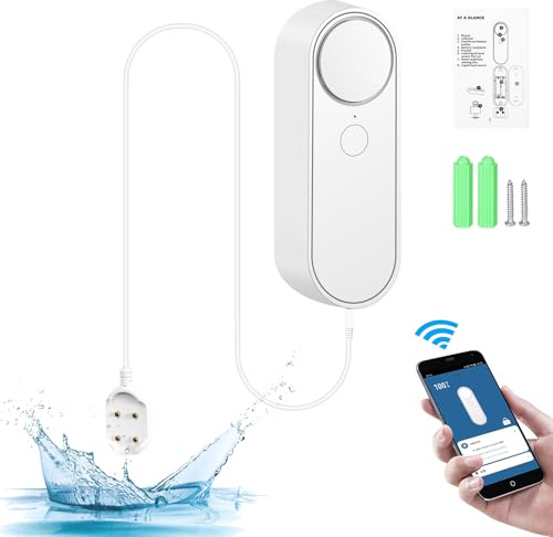 BuyWeek Wassermelder WLAN Homematic Wassersensor 90dB Wassermelder Wasseralarm Smart Wasserwarner mit Tuya APP Fernüberwachung für Keller, Badezimmer, Waschküche