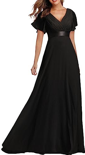 ECDAHICC Damen Abendkleider Gürtel V-Ausschnitt Hohe Taille A-Linie Chiffon Brautjungfernkleid Elegant Lang Ballkleid(BL,L)
