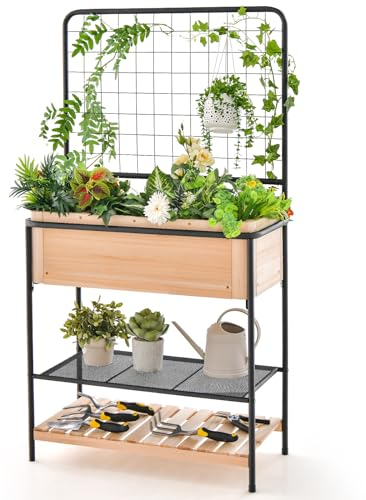 GOPLUS Hochbeet mit Blumenkasten & Rankgitter, Gartenbeet mit Ablagen & Abflusslöcher, Pflanzkasten mit abnehmbarem Gitterteiler, Pflanzbeet Gartenspalier für Kletterpflanzen & Blumen, 80 x 38 x 150cm