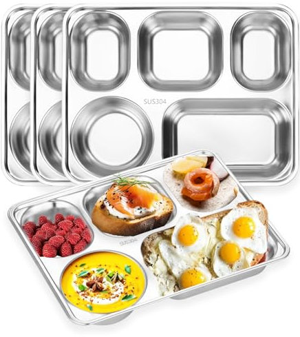 Nexboraque 4-pack 304 uppdelade tallrikar i rostfritt stål, 5 sektioner, rektangulära middagstallrikar, kontrollplattor för vuxna, picky eaters, husbilar, diet och matportionskontroll