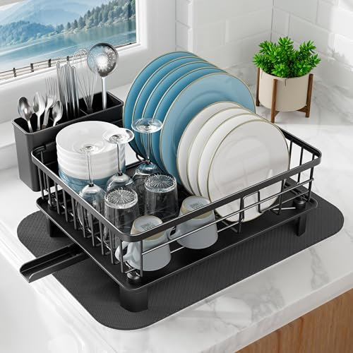 niffgaff Égouttoir à vaisselle Noir (37,5 x 28 x 14,5 cm), égouttoir en acier inoxydable et plastique avec drainage automatique et séchage rapide pour vaisselle