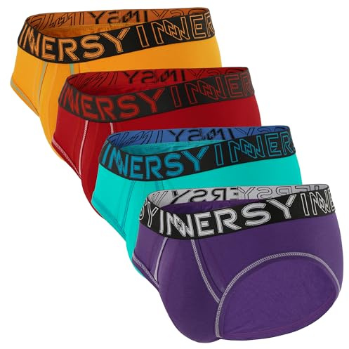 INNERSY Mens Pants Underwear with Dual Pouch Briefs Classic Hipster Underpants Multipack 4 (S, Red/Green/Purple/Orange)