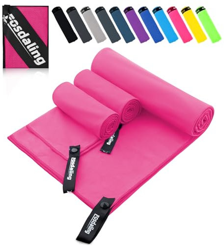 Fosdaling Mikrofaser Handtuch 3er Set - Groß 200×100cm & 2 Klein 80×40cm, Schnelltrocknend Microfaser Sporthandtuch, für Reisehandtuch, Badetuch, Fitness & Sport Handtücher und Strandtuch (Rosa)