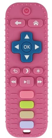 WUJUN Baby Teether Toy Chew Toy for Babies 3-24 Months TV Remote Control Shape Teething Relief Baby Toys for Infants, BPA Free Freezable Dishwasher Refrigerator Safe (Rose Red+Black)