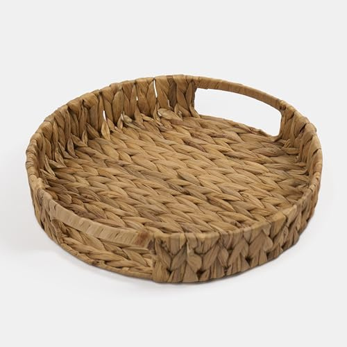 OHS Seagrass Round Tray, Decorative Wicker Seagrass Round Serving Tray with Handles For Coffee Table Kitchen & Dining Serving Breakfast Tea Bread, Natural