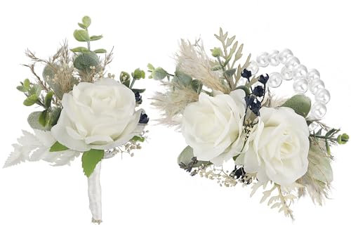 Rinlong Corsage and Boutonniere Set White Green Corsages Boho Groom Artificial Dried Flower Boutonniere for Men Wedding Homecoming Prom