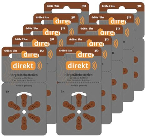 DIREKT Hörgerätebatterien Typ 312 Braun - Zink-Luft Batterien für Hörgeräte - PR41 P312 ZL3-1,45 V - Made in Germany - 60 Stück im Sparpack