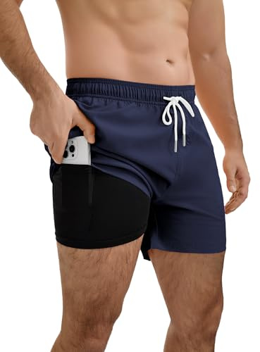 YnimioAOX Men’s Swim Trunks 5 Inch with Compression Liner 2 in 1 Quick Dry Swimming Shorts Bathing Suits with Pockets,Navy Blue,XL