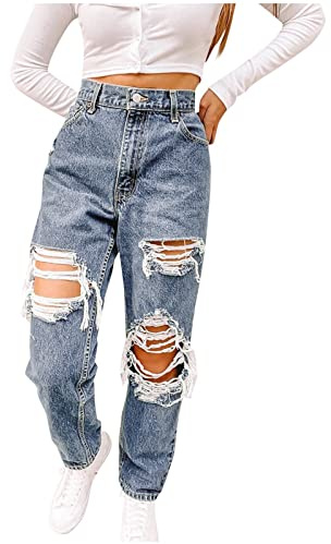 Large Fashion Elastic Ripped Jeans Women Pocket Waisted Jeans Baggy Denim High Plus Size Pants (Blue, XL)