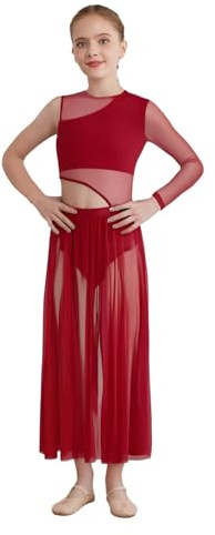 Xnihocha Mädchen Robe Danse Moderne Et Lyrique en Mailles Robe Ballet Patinage Artistique Danse Latine Ballerine Patinage Artistique Contemporain Costume Tango Et Bourgogne 13-14 Ans