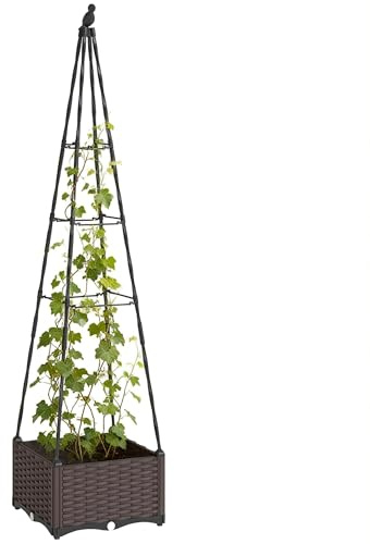 Outsunny Jardinera con Enrejado Metálico, Jardinera Exterior para Plantas Trepadoras, Maceta de PP con Orificios de Drenaje y Tapones, Macetero Elevado para Jardín, Patio, 40x40x175 cm, Negro