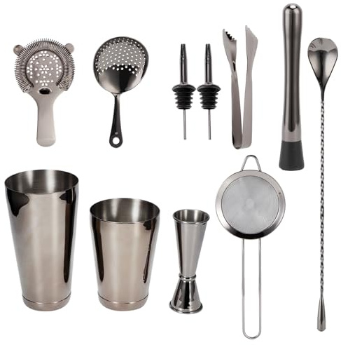 Juego de coctelera de 11 Piezas, Kit de Barman con colador de Acero Inoxidable, Utensilios de Bar herméticos para Fiestas en casa, Incluye Herramientas de Mezcla para mojitos, (Gris Plomo)