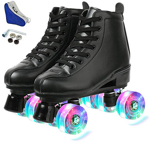 KALINU Women's Roller Skates PU Leather High-top Roller Skates Four-Wheel Roller Skates Shiny Roller Skates (Black flash wheel,40)