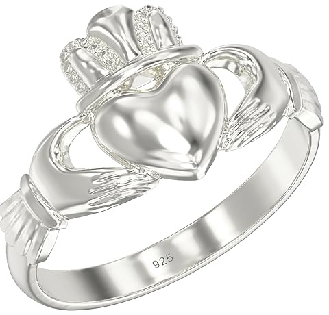Aeon Anillo Claddagh de plata de ley 925 con forma de corazón, tallas J a R | Joyería celta irlandesa regalo para mujeres y hombres, O, Plata de ley