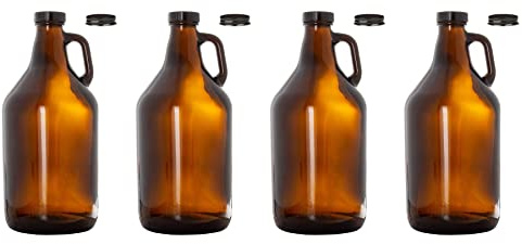 North Mountain Supply 1/2 Gallon Amber Glass Fermenting Jug with Handle – Set of 4 – Includes Black Polyseal Lids and Black Metal Lids – 64 Ounces – 38mm CT Finish