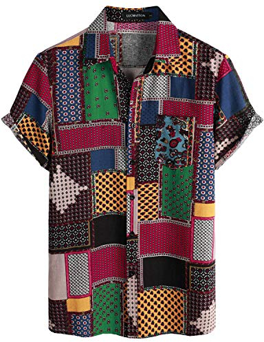 LucMatton Herren Leinen Traditionelle Muster Print Kurzarm Button Down Hawaiihemden, Mehrfarbig, L