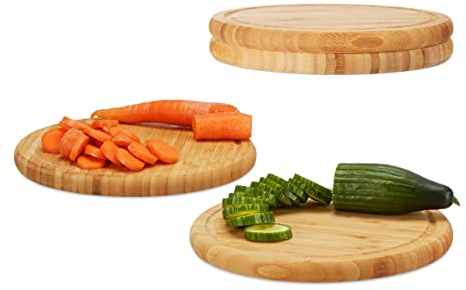 Relaxdays 4 x Frühstücksbrettchen, rund, Bambus, Ø 30 cm, Küchenbrett, pflegeleicht, natürlich, messerschonend, Brotbrett, Natur