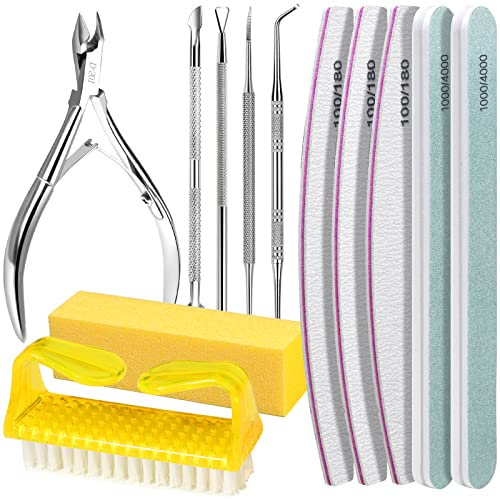 FANDAMEI 12pcs Nail Files Set with Cuticle Nipper, Nail File and Buffer Set & Cuticle Pusher Nail Kit, 100/180 Nail Buffer Block Nail Scraper Nail Brush Cuticle Remover Tool as Manicure Kit, Yellow