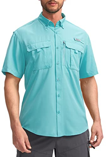 Pudolla Men's Fishing Shirts Short Sleeve Travel Work Shirts Summer Button Down Shirts for Men UPF50+ with Zipper Pockets(Waterfall, Medium)