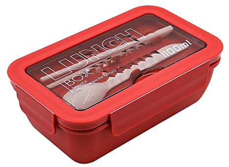 NUZAMAS Boîte à bento carrée et fourchette à couverts cuillère anti-fuite 2 compartiments, capacité de 1100ml couleur rouge récipient pour la préparation des repas pour adultes passe au micro-ondes