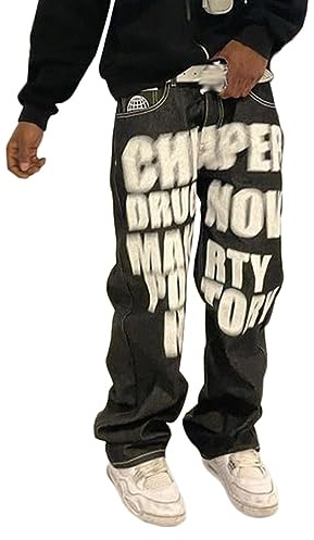 ORANDESIGNE Uomo Hip Hop Baggy Cargo Jeans Stampati Stile Hipster Denim Gamba Larga Allentata per Adolescenti Vintage Harajuku Dritti