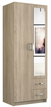 VBChome Kleiderschränk 80 x 52 x 205 cm Sonoma 2 Türen 2 Schubladen Spiegel Garderobenschrank Dielenschrank Schlafzimmerschrank Flurschrank Wohnzimmerschrank Sonoma mit Spiegel 80x52x205