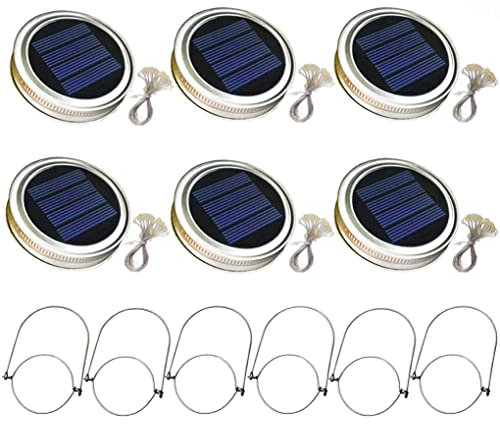NIDONE 6 Pezzi Luci del Barattolo Appeso, Luce sul Coperchio del Barattolo con muratura Solare con luci a spago da 2 m Maniglia 20 LED LAMPAGGIO LATERNO per Decorazioni del Garden