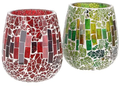 GURU SHOP 2 Handgearbeitete Glas Mosaik Windlichter, Romantisches Windlicht, Vintage Teelichthalter - Set 12, 12x11x11 cm