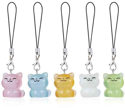 BEEFLYING 5 piezas de dijes para teléfono estéticos Y2K lindos dijes de resina luminosos de gatos correas colgantes para teléfono celular accesorios para bolso llavero cámara cartera