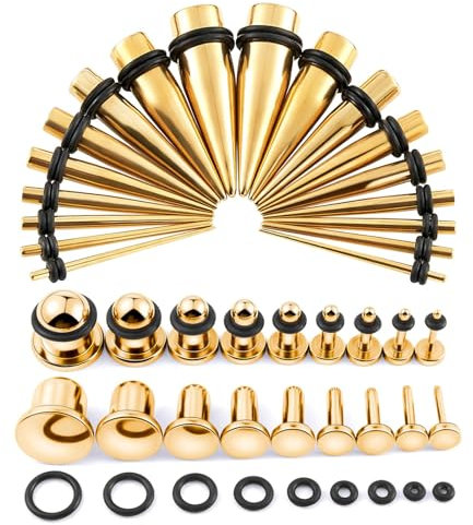 Longbeauty 10MM-20MM 36 Stk. Ohr Gauges Stretching Kit Edelstahl Tapers Dehnstäbe Ohr Plugs Piercing Set 14G-00G Expander Set, Gold