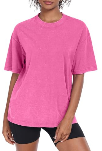 Oversized t-shirt för kvinnor rund hals kortärmade toppar casual lös basic sommar t-shirts skjortor blus, ROSA, S
