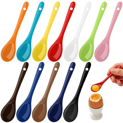 Mssushi 12 Pcs Small Porcelain Egg Spoons, 12cm/4.8inch Mini Colorful Ceramic Spoon Set in 12 Colours, Reusable Ceramic Teaspoons for Yogurt, Coffee, Tea, Jam, Milky and Desserts