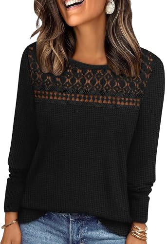 WIHOLL Women Jumpers Long Sleeve Tops Womens Lace Blouse Trendy Waffle Knit Jumpers Dressy Casual
