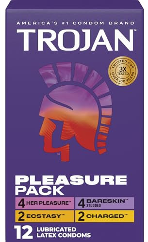 Trojan Pleasure Pack, Assorted Latex Lubricated Condoms for Men, Her Pleasure, Bareskin Studded, Ecstasy & Charged Varieties, 12 Count