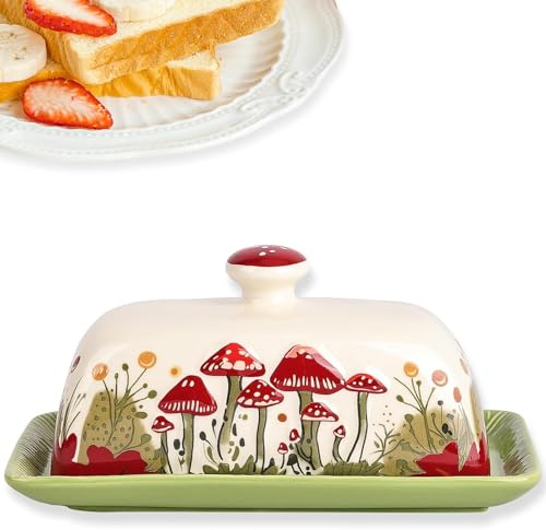 Beurrier Champignon en Céramique, Pot à Beurre 250 g avec Couvercle