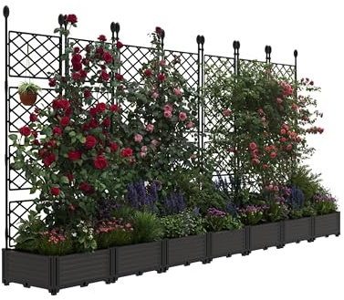 7 PCS Raised Garden Bed with Trellis & Privacy Screen, 116 w x 63 Tall Vertical Garden Planter Box for Climbing Plants - Sturdy Lightweight Outdoor Planter for Vegetables, Flowers on Patio, Balcony