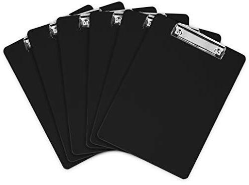 Black Plastic Clipboards (Set of 6) Multipack - 12.5x9 Inch Clipboard Holds 100 Sheets, Low Profile | Colored Acrylic Clip Boards in Bulk for Kids & Professionals