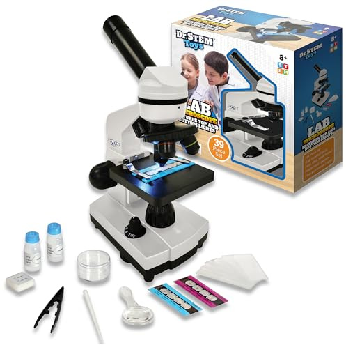 Dr. STEM Toys 39 Piece Microscope Kit for Kids with Top and Bottom Lights, Specimen Slides, 40X, 100X, and 400X Adjustable Lenses - for Kids and Schools (Ages 8+), White