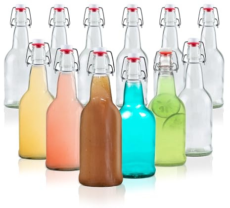 Crutello 16 Ounce Clear Glass Flip Top Beer Bottles for Brewing - Beer, Kombucha, Soda, Juice - 12 Pack Glass Bottle for Fermentation, Storage, Drinking