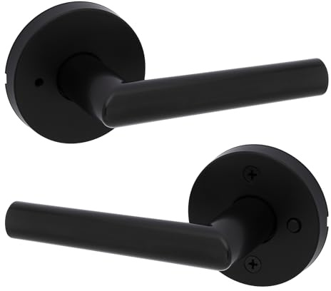 Kwikset Milan Interior Privacy Door Handle with Lock, Door Lever For Bathroom and Bedroom, Matte Black Reversible Keyless Push Button Lock Door Lever