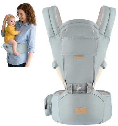 FRUITEAM 6-in-1 Baby Carrier with Waist Stool/Hip Seat for Breastfeeding, One Size Fits All - Adapt to Newborn, Infant & Toddler (Blue)