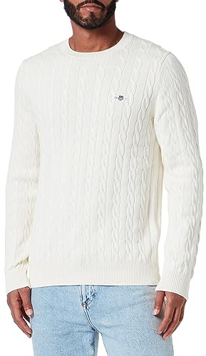 GANT Men's Cotton Cable C-Neck Pullover, Cream, XL